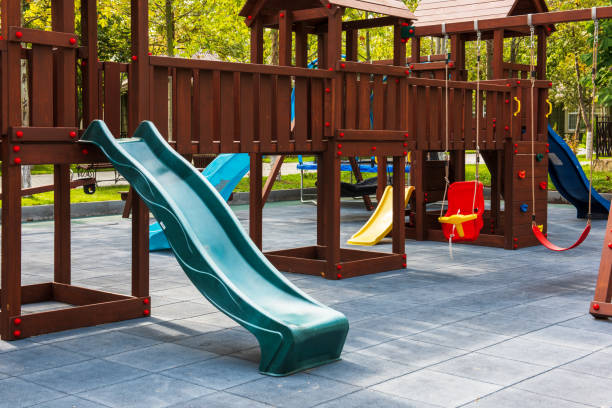 Plastic children playground without children in park